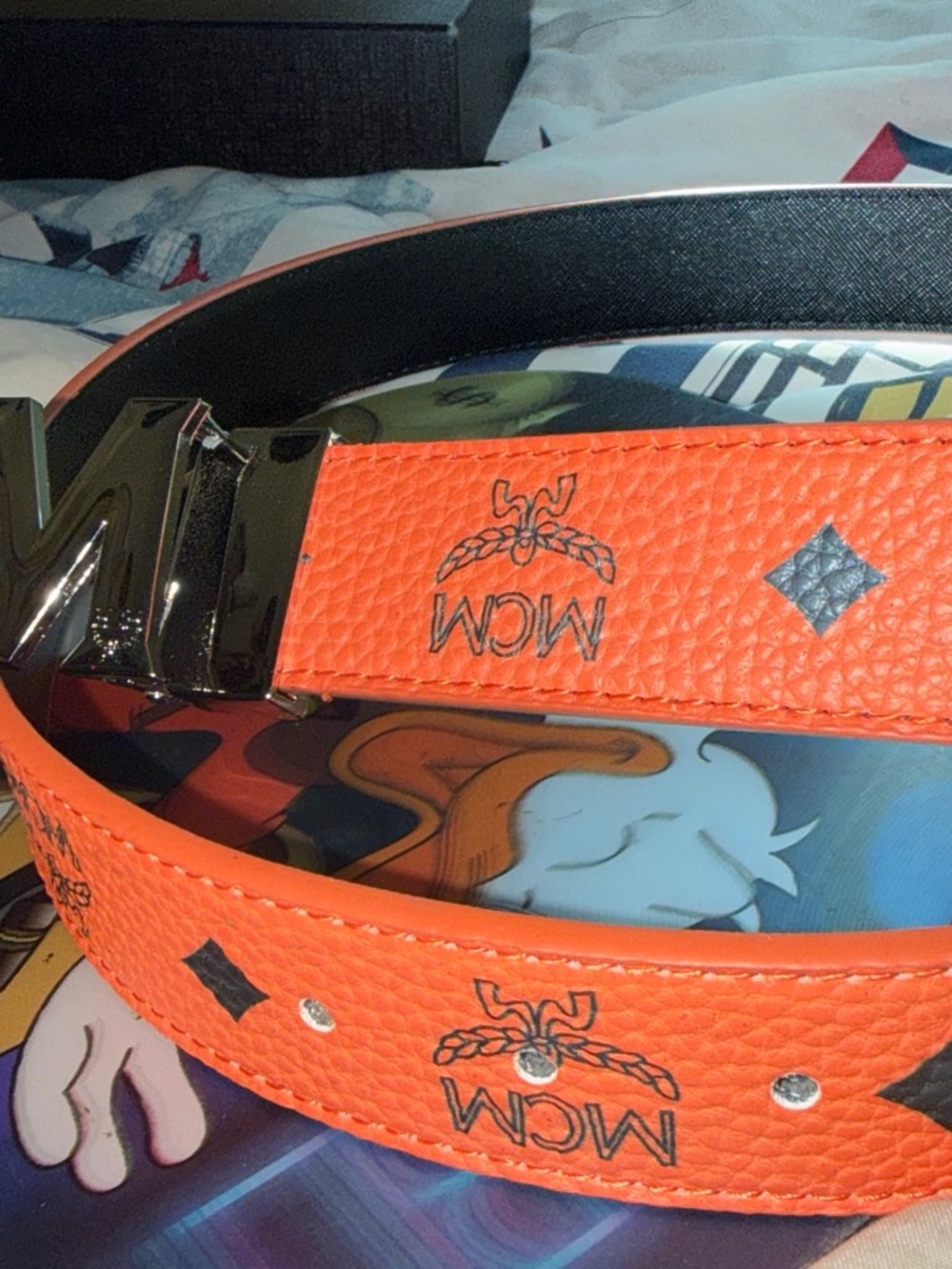 MCM Orange Pebbled Logo Leather Belt with Black Reversible Side